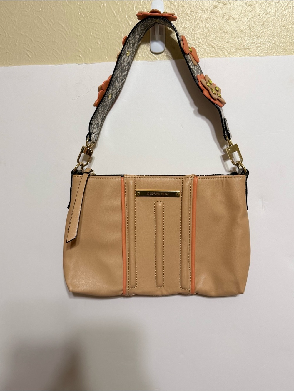 Gianni Bini tan  faux leather shoulder bag with 3D floral snakeskin strap